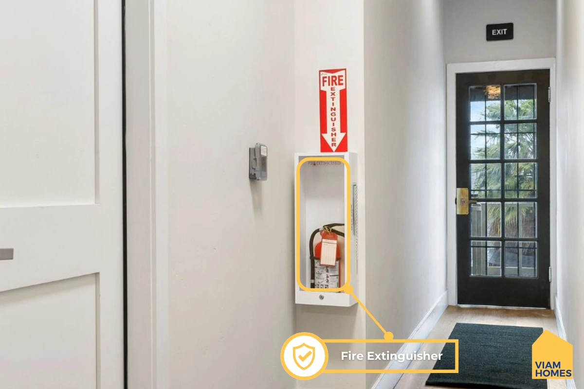 Fire extinguishers installed in the hallway of a furnished housing unit near SJSU by VIAM Homes